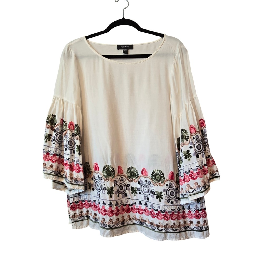 Karen Kane Embroidered Bell Sleeve Top Blouse Womens LG Boho Peasant Cottage